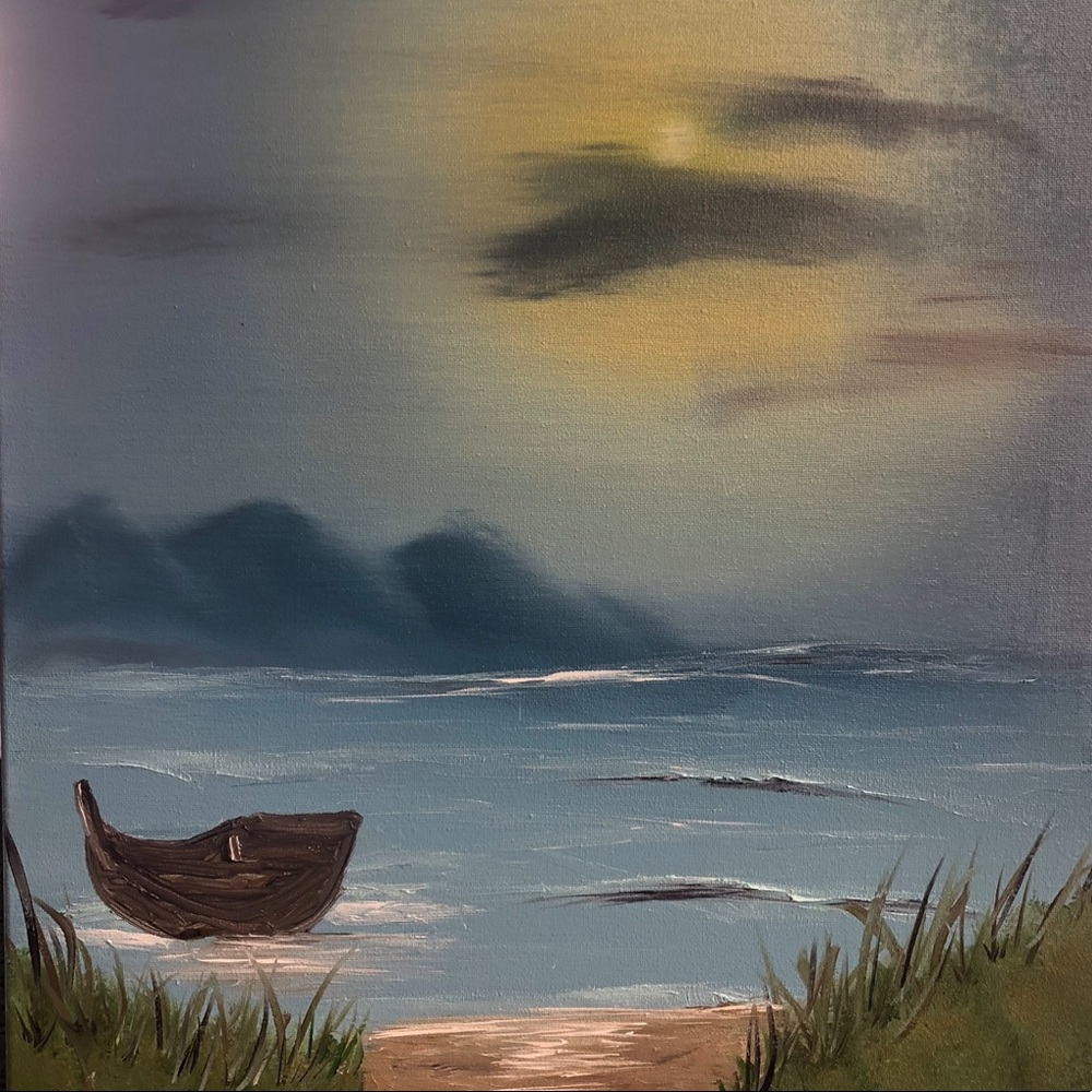 Bob Ross insp. Oil Painting “Rowboat on the Beach”